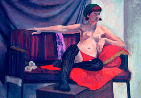 Woman on Sofa with arm outstretched